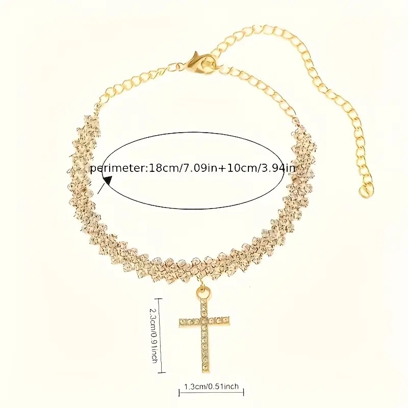 Anklet s križem i kristalima, geometrijski dizajn, ženski stil, proljeće 2024