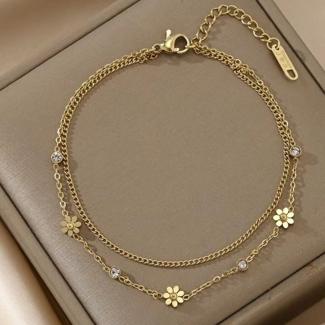 Anklet Han Wei Jewelry, Ins stil, legura, cvjetni oblik, ugradeno bijelo zlato s kamenjem