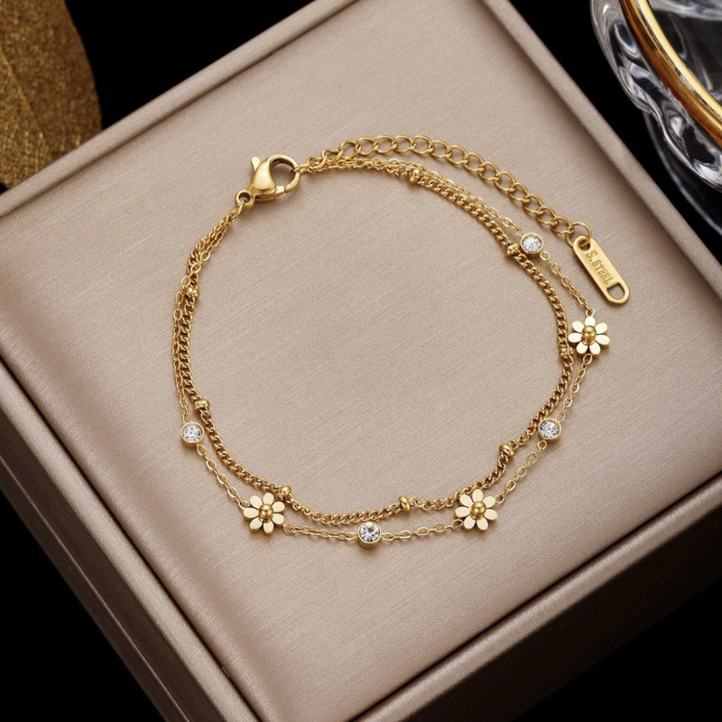 Anklet Han Wei Jewelry, Ins stil, legura, cvjetni oblik, ugradeno bijelo zlato s kamenjem