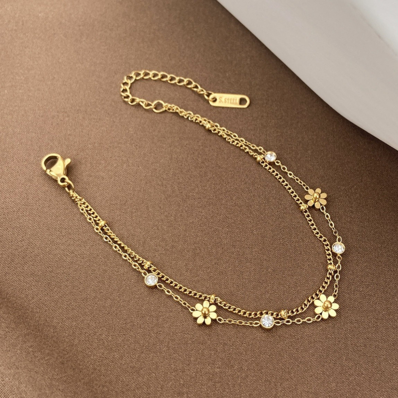 Anklet Han Wei Jewelry, Ins stil, legura, cvjetni oblik, ugradeno bijelo zlato s kamenjem