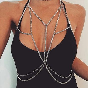 Lanac za prsa i tijelo s rhinestones, umetci od legure, bijeli kristal, elektroplating