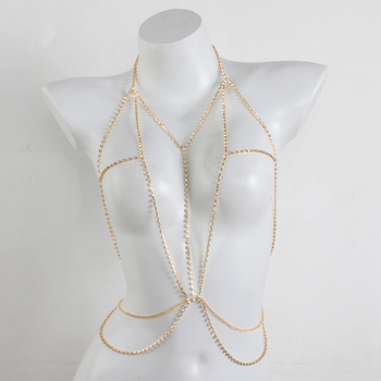 Lanac za prsa i tijelo s rhinestones, umetci od legure, bijeli kristal, elektroplating