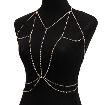 Lanac za prsa i tijelo s rhinestones, umetci od legure, bijeli kristal, elektroplating