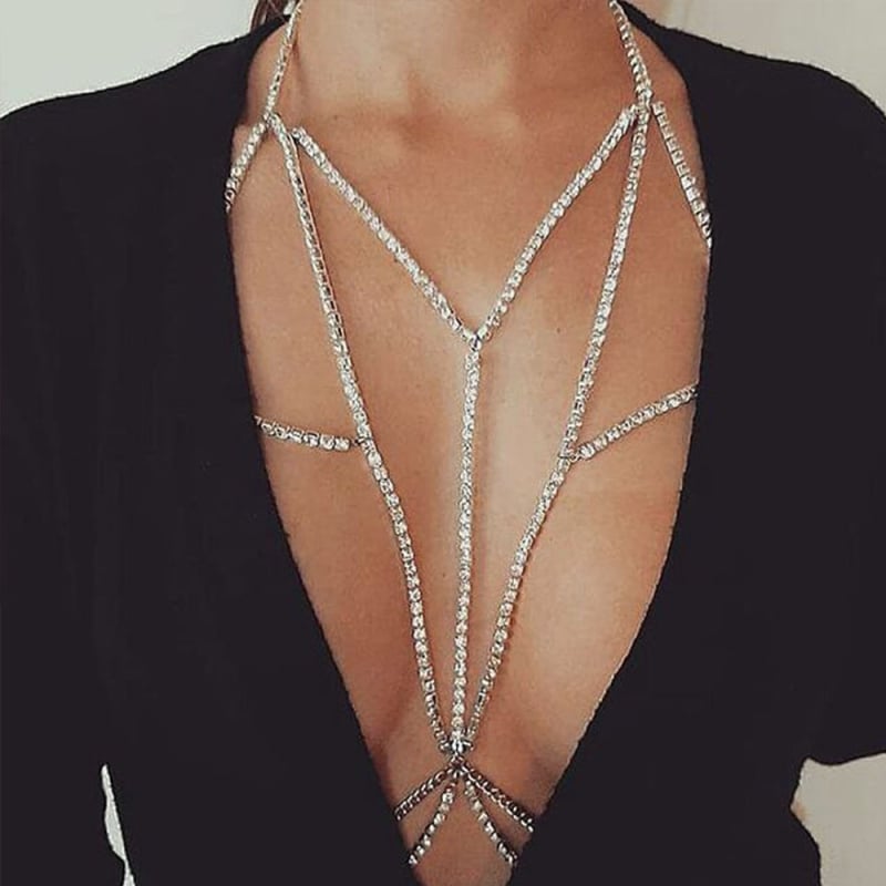 Lanac za prsa i tijelo s rhinestones, umetci od legure, bijeli kristal, elektroplating