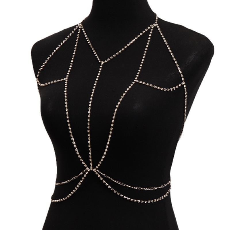 Lanac za prsa i tijelo s rhinestones, umetci od legure, bijeli kristal, elektroplating