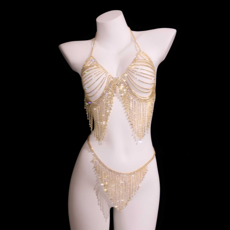 Set lanț corp cu ciucuri din cristale, lanț pentru sân și talie, plin de cristale, micro-inlay, ambalat individual