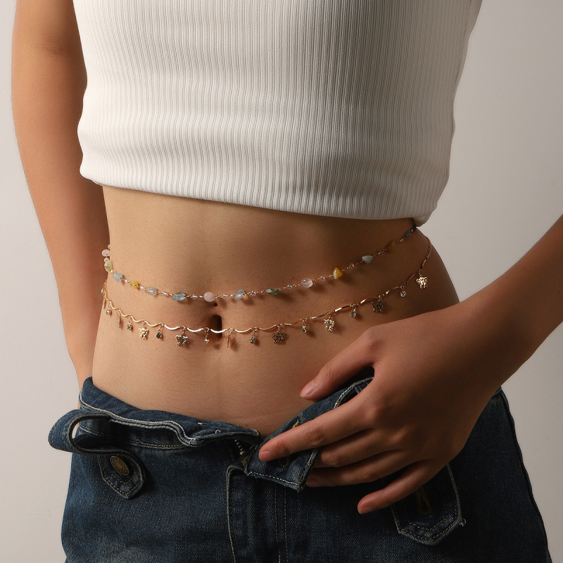 Lanț de talie din metal cu inel dublu și ciucuri în formă de fluture, lungime 80-100 cm