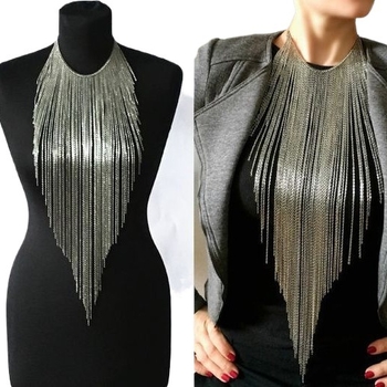 Colier cu franjuri și lanț metalic pentru corp, aliaj, finisaj electroplacare, stil urban (material: aliaj; finisaj: electroplacare; sezon: Primăvara 2023; stil: modă urbană)