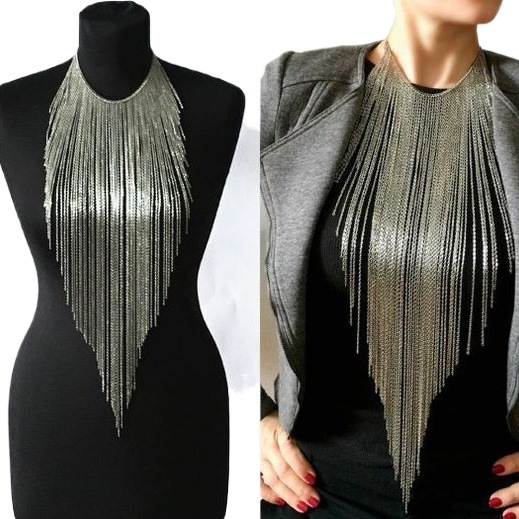 Colier cu franjuri și lanț metalic pentru corp, aliaj, finisaj electroplacare, stil urban (material: aliaj; finisaj: electroplacare; sezon: Primăvara 2023; stil: modă urbană)