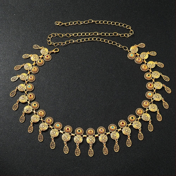 Lanț metalic de talie pentru femei, stil etnic, cu ciucuri, cu inel simplu, lungime 105 cm