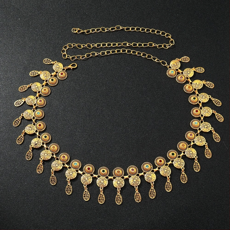 Lanț metalic de talie pentru femei, stil etnic, cu ciucuri, cu inel simplu, lungime 105 cm