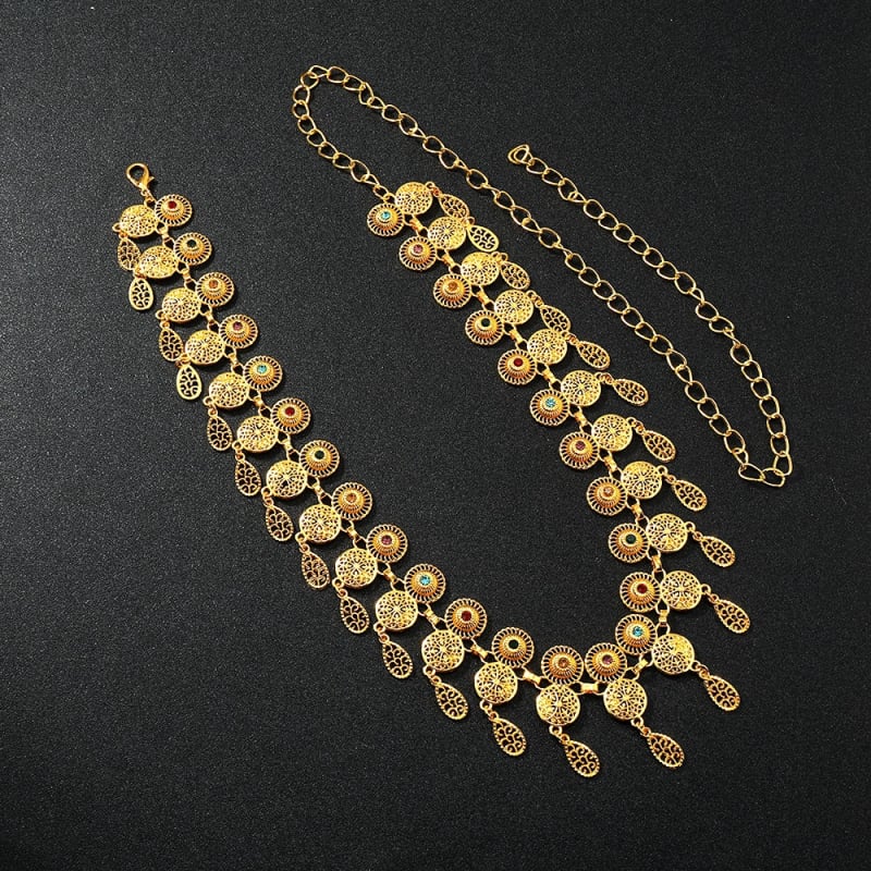 Lanț metalic de talie pentru femei, stil etnic, cu ciucuri, cu inel simplu, lungime 105 cm