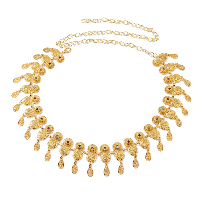 Lanț metalic de talie pentru femei, stil etnic, cu ciucuri, cu inel simplu, lungime 105 cm