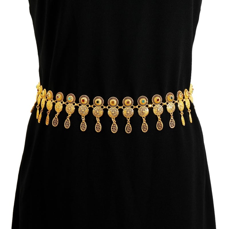 Lanț metalic de talie pentru femei, stil etnic, cu ciucuri, cu inel simplu, lungime 105 cm