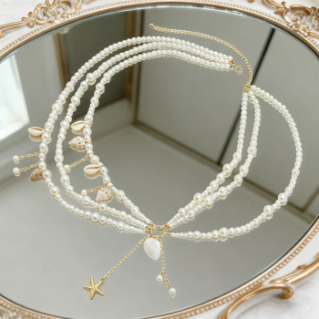 Lanț talie cu pandantiv scoică și perle artificiale, colier corpului în mai multe straturi pentru femei, lungimi 60–80 cm sau 80–100 cm