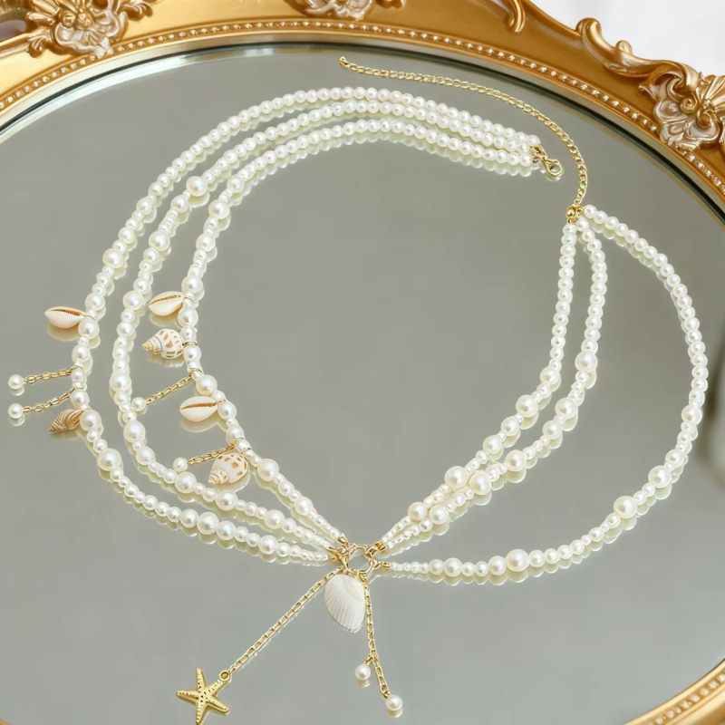 Lanț talie cu pandantiv scoică și perle artificiale, colier corpului în mai multe straturi pentru femei, lungimi 60–80 cm sau 80–100 cm