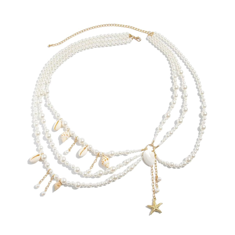 Lanț talie cu pandantiv scoică și perle artificiale, colier corpului în mai multe straturi pentru femei, lungimi 60–80 cm sau 80–100 cm