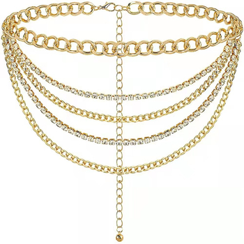 Lanac za struk od metala sa kristalima, višeslojni body chain s resicama, geometrijski lanac, duljina 80–100 cm, širina 2 cm, ležerni stil, prilagodba moguća