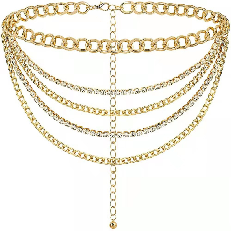 Lanac za struk od metala sa kristalima, višeslojni body chain s resicama, geometrijski lanac, duljina 80–100 cm, širina 2 cm, ležerni stil, prilagodba moguća