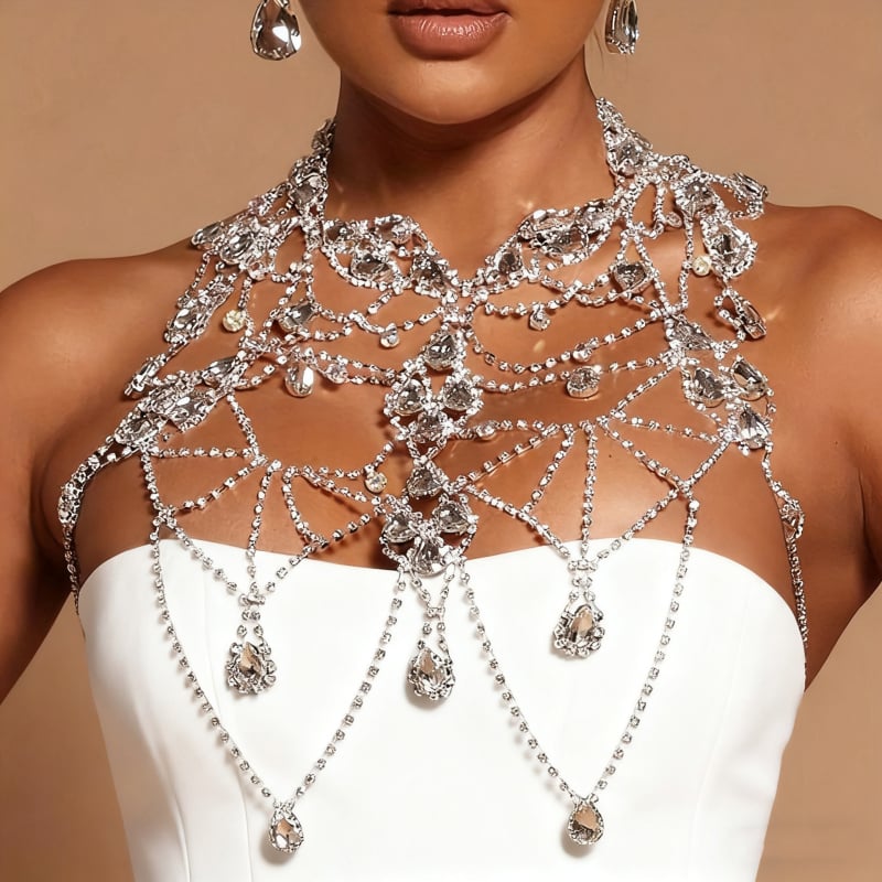 Lanț pentru torace din cristale, placat cu aur cu pietre artificiale, stil feminin, formă geometrică, Seria Prințesa