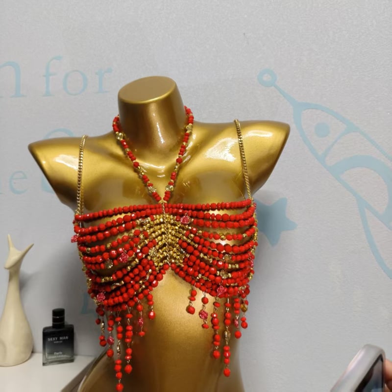 Lanț pentru corp cu mărgele, lucrat manual, cristal geometric