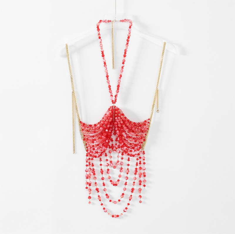 Bluza cu lanț pentru corp, halter – handmade, decor cristal, încrustată cu aliaj și pietre artificiale, Vara 2024