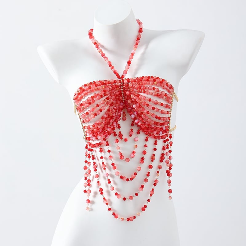 Bluza cu lanț pentru corp, halter – handmade, decor cristal, încrustată cu aliaj și pietre artificiale, Vara 2024