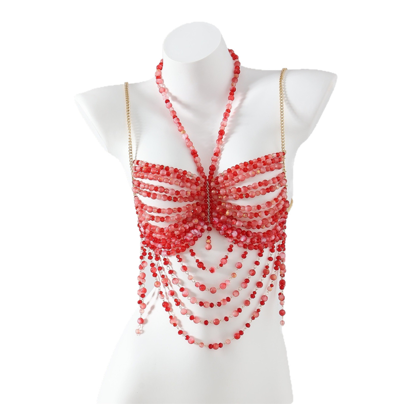 Bluza cu lanț pentru corp, halter – handmade, decor cristal, încrustată cu aliaj și pietre artificiale, Vara 2024