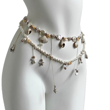 Lanț de talie dublu strat cu ciucuri, perle Baroque, detalii din scoică; materiale mixte; lungime 105 cm; vară, stil lejer, personalizare disponibilă