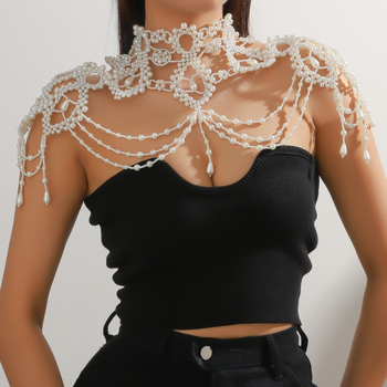 Colier choker cu perle pentru mireasă, fular de nuntă, lanț de umăr cu decupaj la spate, stil elegant primăvara 2025