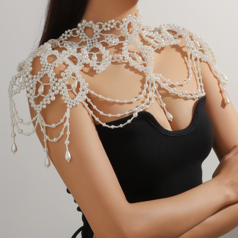 Colier choker cu perle pentru mireasă, fular de nuntă, lanț de umăr cu decupaj la spate, stil elegant primăvara 2025