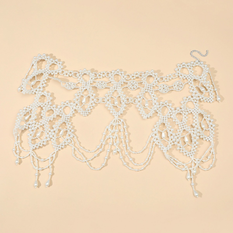 Colier choker cu perle pentru mireasă, fular de nuntă, lanț de umăr cu decupaj la spate, stil elegant primăvara 2025