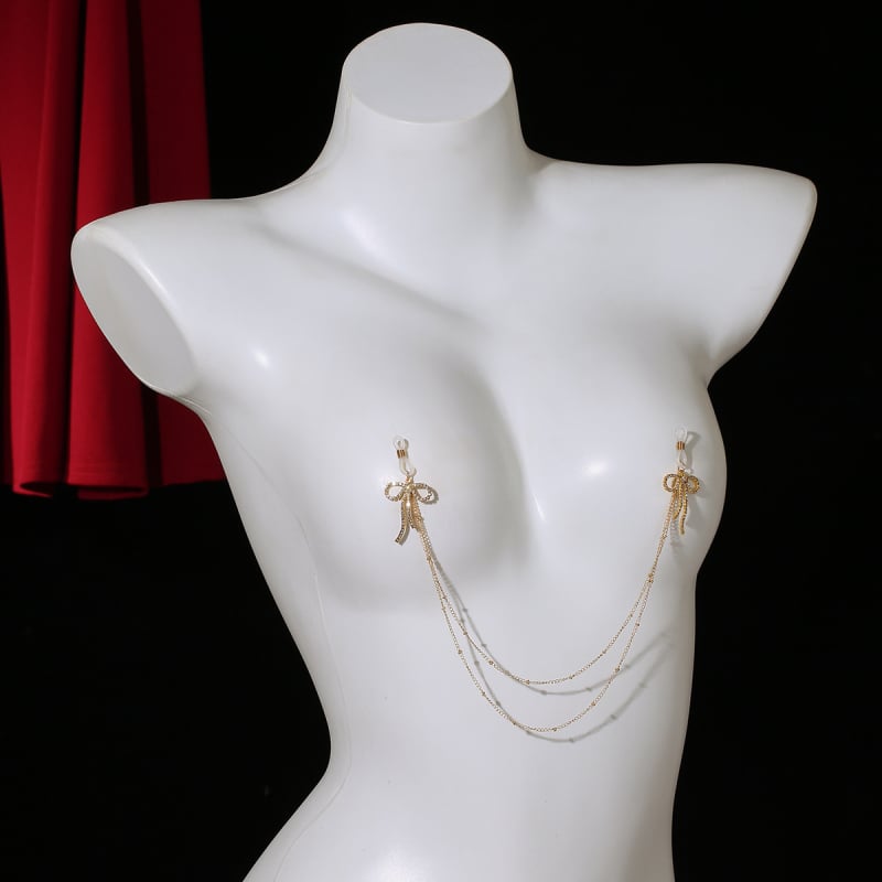 Бюстова верига и зърнева верига в лъкобразна форма, сплав, златно-покрити изкуствени камъни, електроплатинг