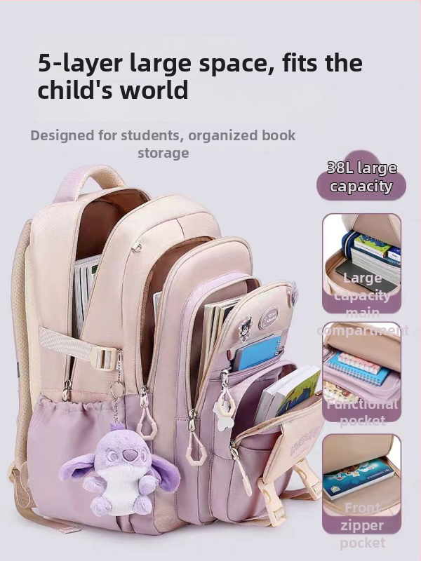 Meitenes mugursoma, liela ietilpība, ultra viegla, Oxford audums, piemērota 3.–4. klasei.