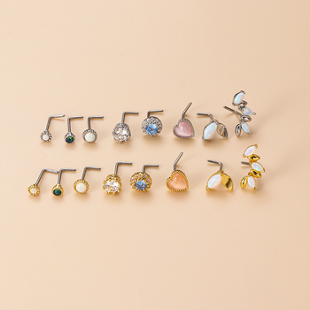 L-alakú orr-tű, rozsdamentes acél, opál kő, elektroplattált divatos ékszer