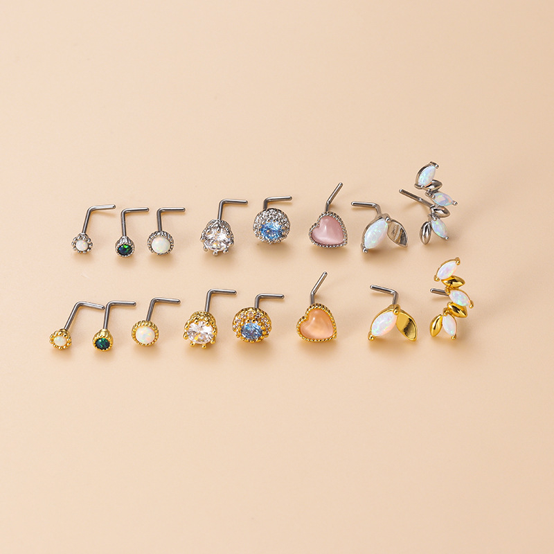 L-alakú orr-tű, rozsdamentes acél, opál kő, elektroplattált divatos ékszer