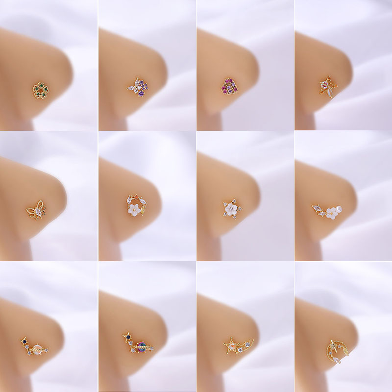 L-alakú orrpiercing cirkónium kristályokkal, rozsdamentes acélból, virág alakú dizájn, elektroplatálás, női stílus