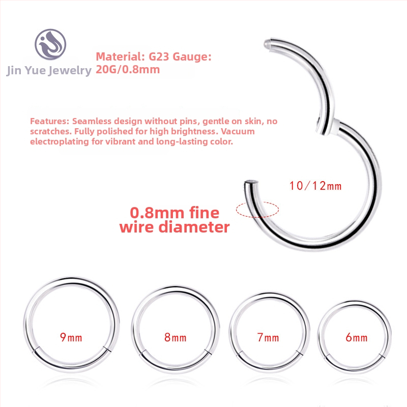 G23 titāna sakausējuma piercing — deguna gredzens un auss pīrsings, apaļš universālais dizains, vakuuma pārklājums, daudzfunkcionāls deguna starpsienas gredzens