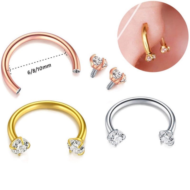 Dingti G23 aliaj titan, inel nazal, formă U, cu zirconiu alb încrustat, placat electroplating