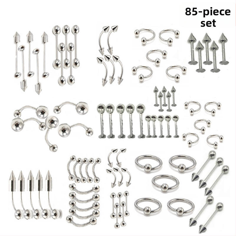 Sada nosového piercingu — 85 kusov, nerezová oceľ, geometrický dizajn, unisex, samostatne balené