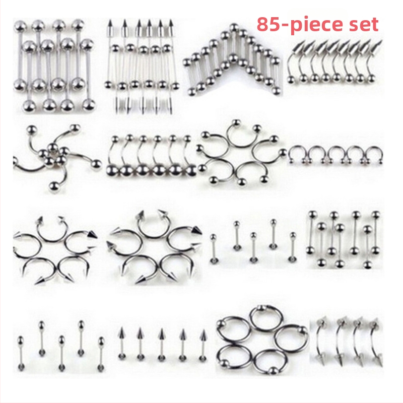 Sada nosového piercingu — 85 kusov, nerezová oceľ, geometrický dizajn, unisex, samostatne balené