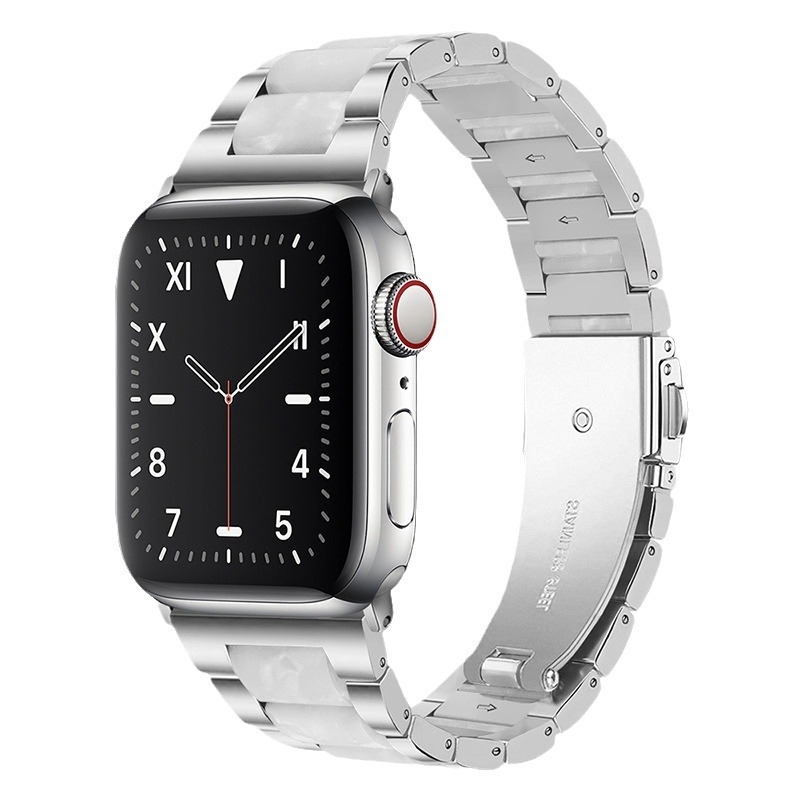Curea Apple Watch – curea metalică cu accent din rășină, cataramă plată cu trei mărgele, închidere pliabilă, compatibilă cu Apple Watch Ultra/SE