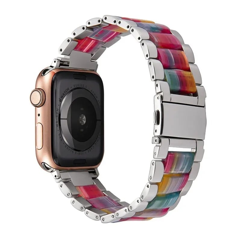 Curea Apple Watch – curea metalică cu accent din rășină, cataramă plată cu trei mărgele, închidere pliabilă, compatibilă cu Apple Watch Ultra/SE