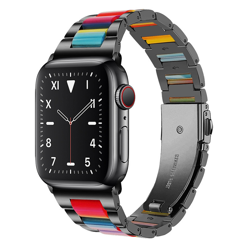 Curea Apple Watch – curea metalică cu accent din rășină, cataramă plată cu trei mărgele, închidere pliabilă, compatibilă cu Apple Watch Ultra/SE
