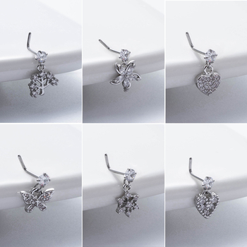 Piercing pentru nas cu formă de floare, din oțel inoxidabil, cu L-rod, zirconiu alb