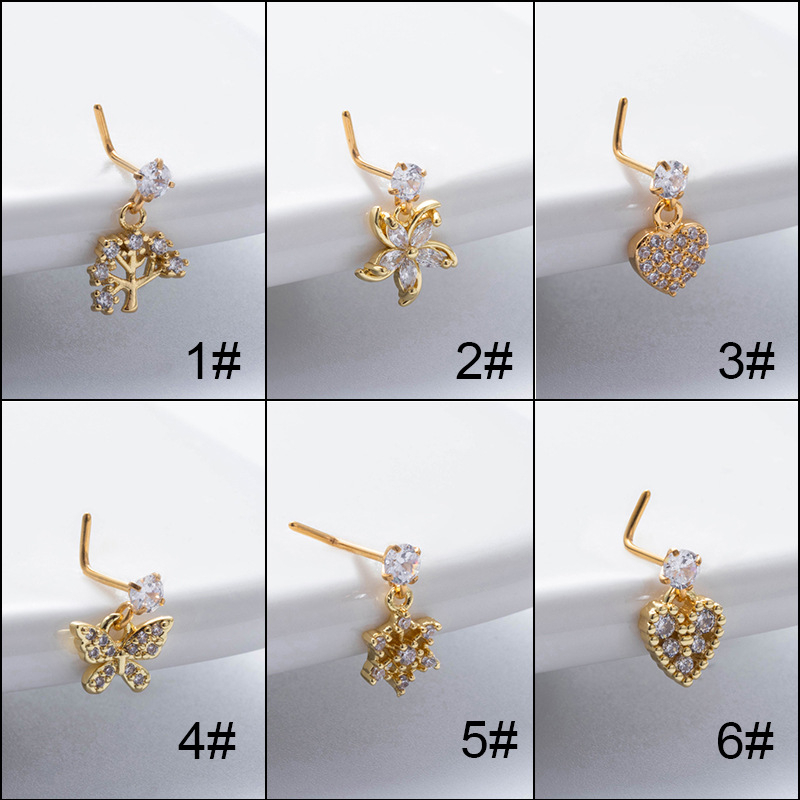 Piercing pentru nas cu formă de floare, din oțel inoxidabil, cu L-rod, zirconiu alb