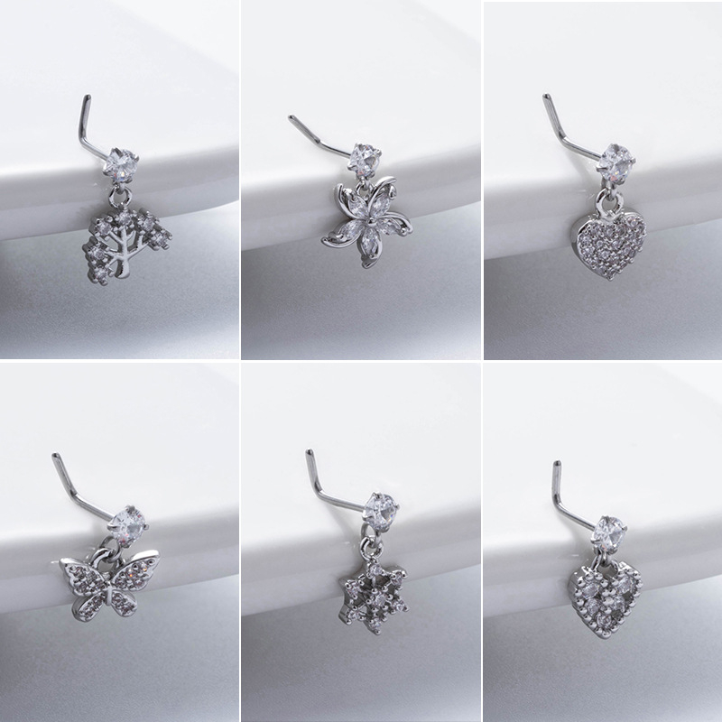 Piercing pentru nas cu formă de floare, din oțel inoxidabil, cu L-rod, zirconiu alb