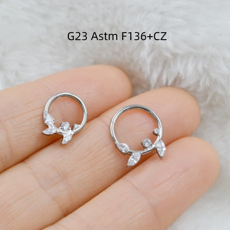 Inel nazal, aliaj de titan (ASTM F136), design frunză de zirconiu, gravură, unisex