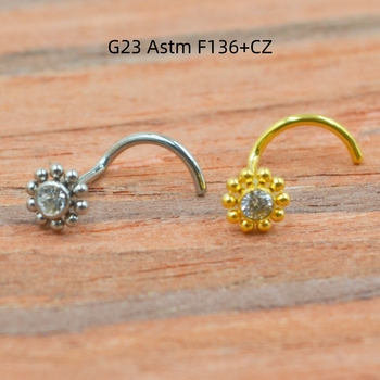 Pin nazal din aliaj de titan G23 cu floare de zirconiu, formă rotundă, prelucrare diamant, personalizabil