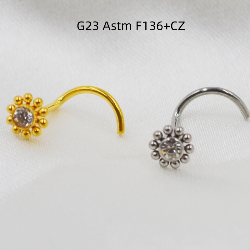 Pin nazal din aliaj de titan G23 cu floare de zirconiu, formă rotundă, prelucrare diamant, personalizabil